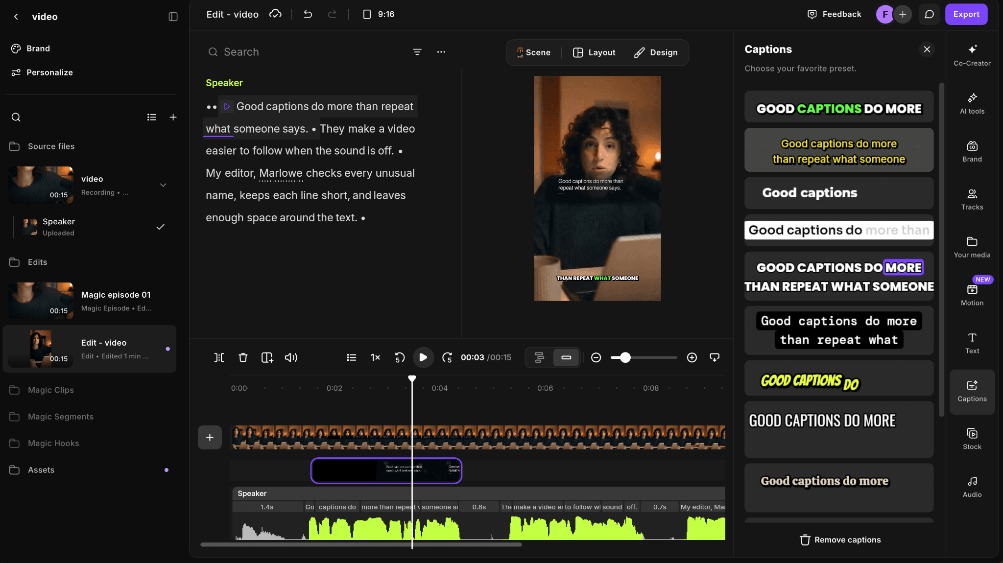 Riverside editor showing a transcript, vertical video preview, caption presets, and timeline