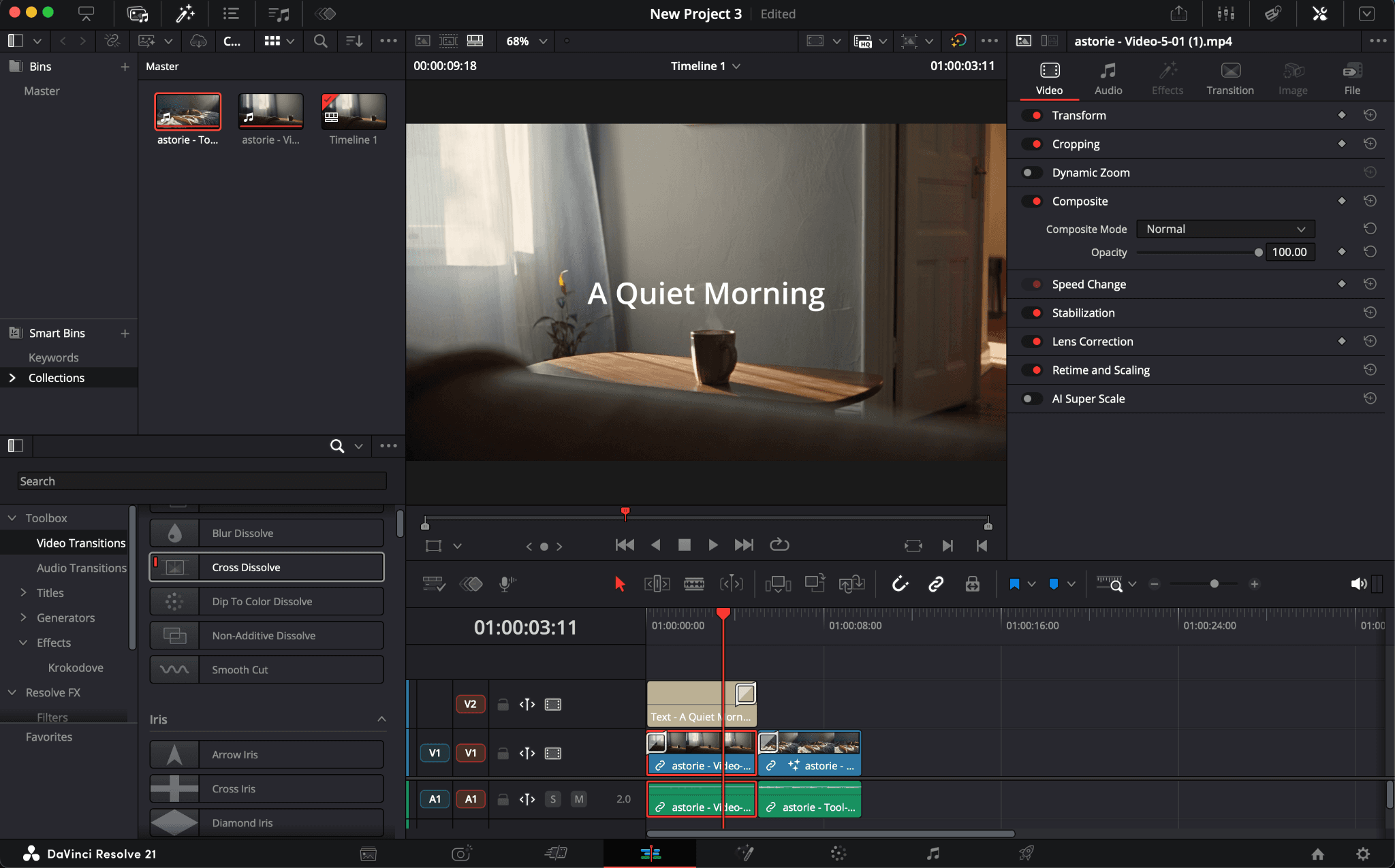DaVinci Resolve viewer and timeline showing separate video and audio tracks used in the test