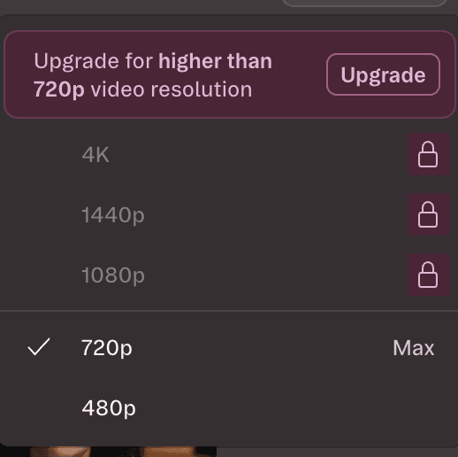 Descript free-plan export controls showing a maximum resolution of 720p