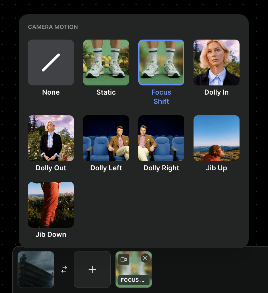 LTX Studio camera motion menu showing static, focus shift, dolly, and jib presets