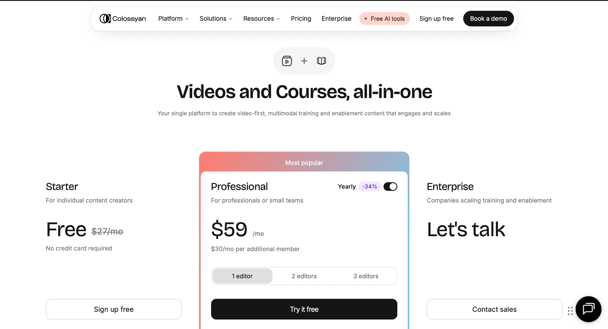 Colossyan pricing page showing Free, Professional, and Enterprise plans