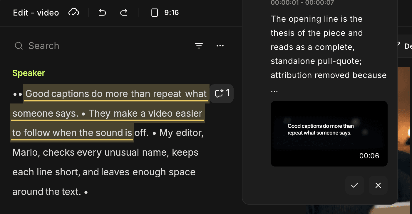 Riverside transcript showing Marlowe as Marlo beside an AI editing suggestion