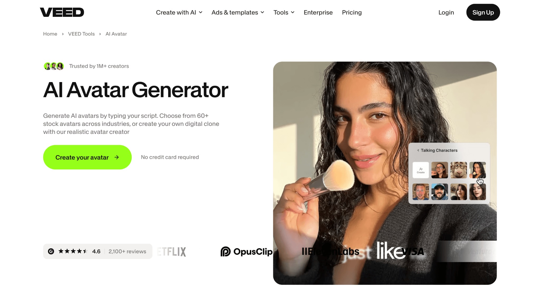 VEED AI Avatar Generator page showing a stock talking character and avatar choices