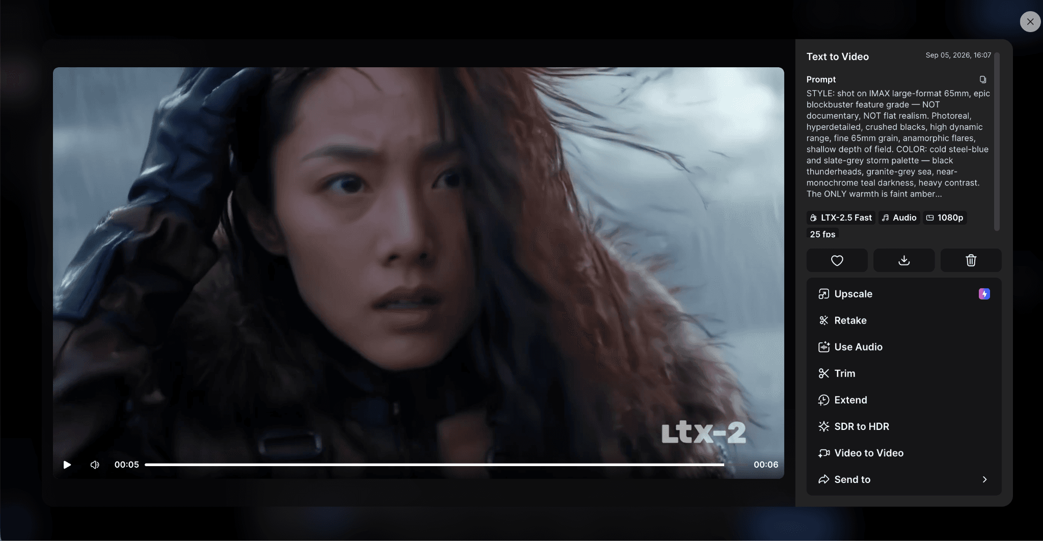 LTX Studio generated video result with model and generation settings visible