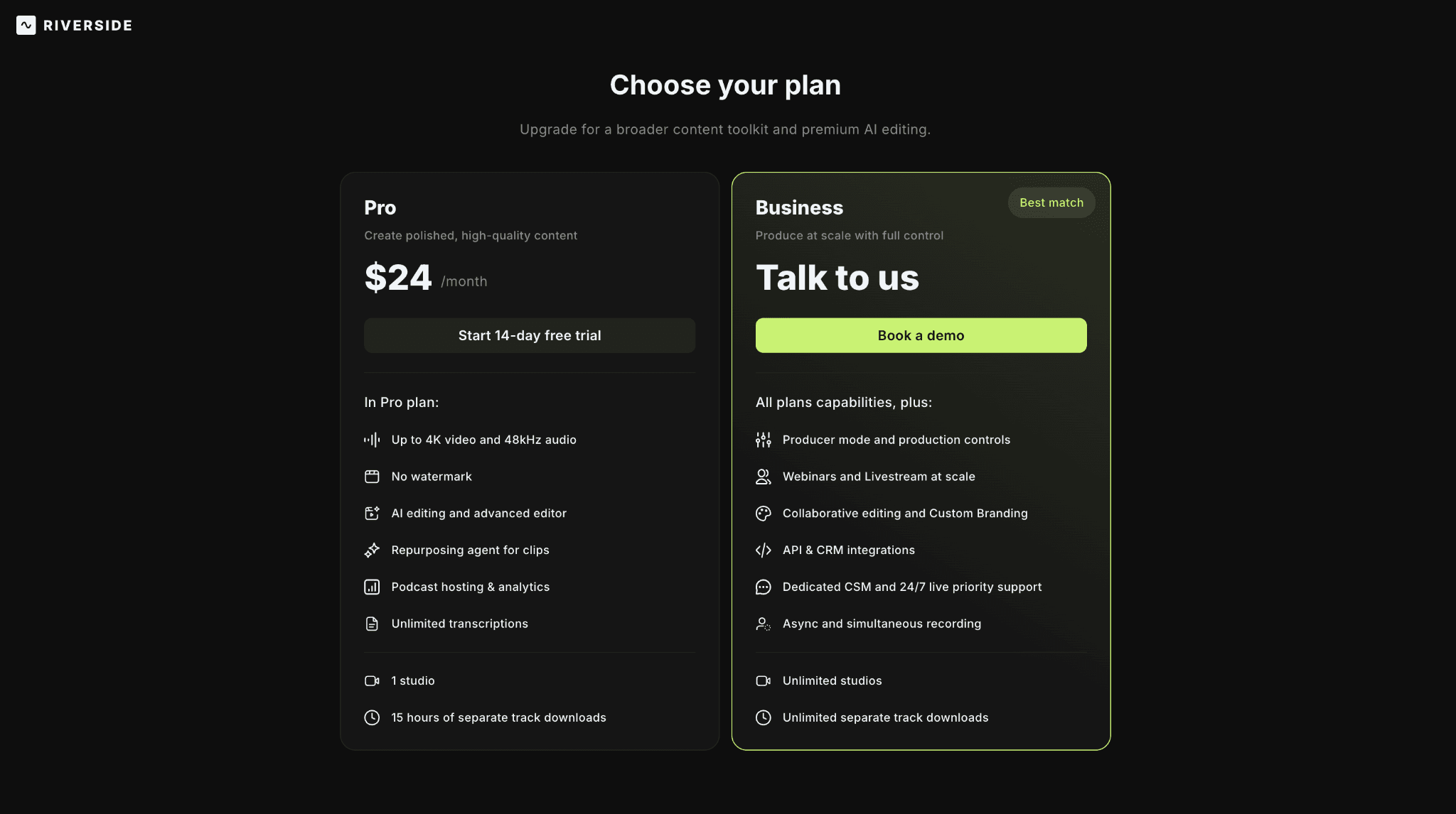 Riverside plan page showing a 14-day Pro trial and a price of 24 dollars per month