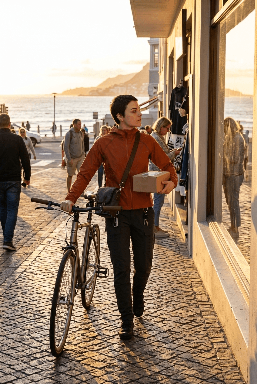 Mara in a coastal street scene generated with a simple natural-language prompt