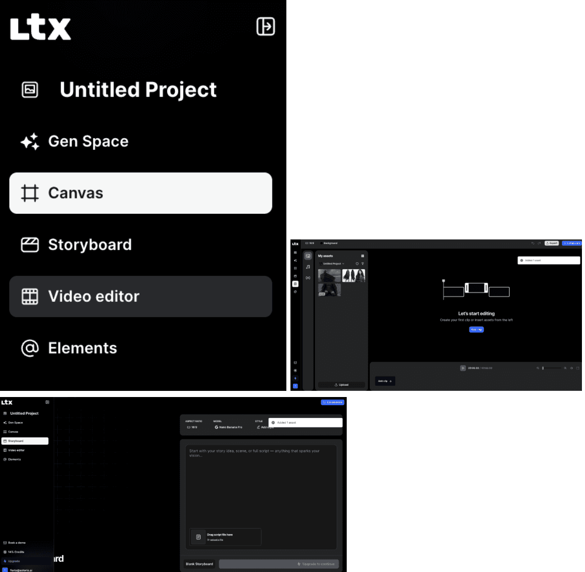 LTX Studio navigation menu showing Gen Space, Canvas, Storyboard, Video Editor, and Elements