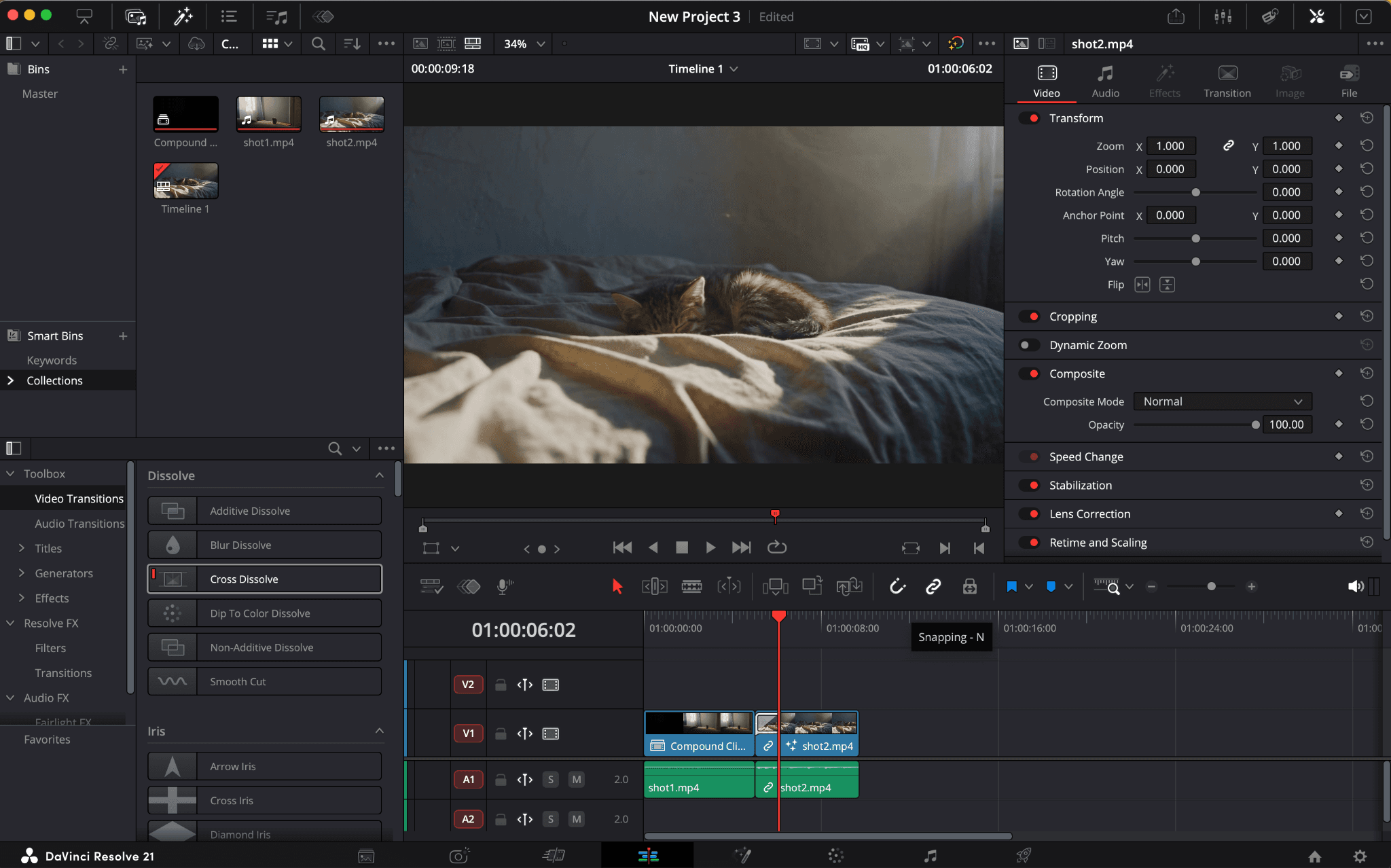 DaVinci Resolve Edit page showing separate video and audio tracks before a 1080p export