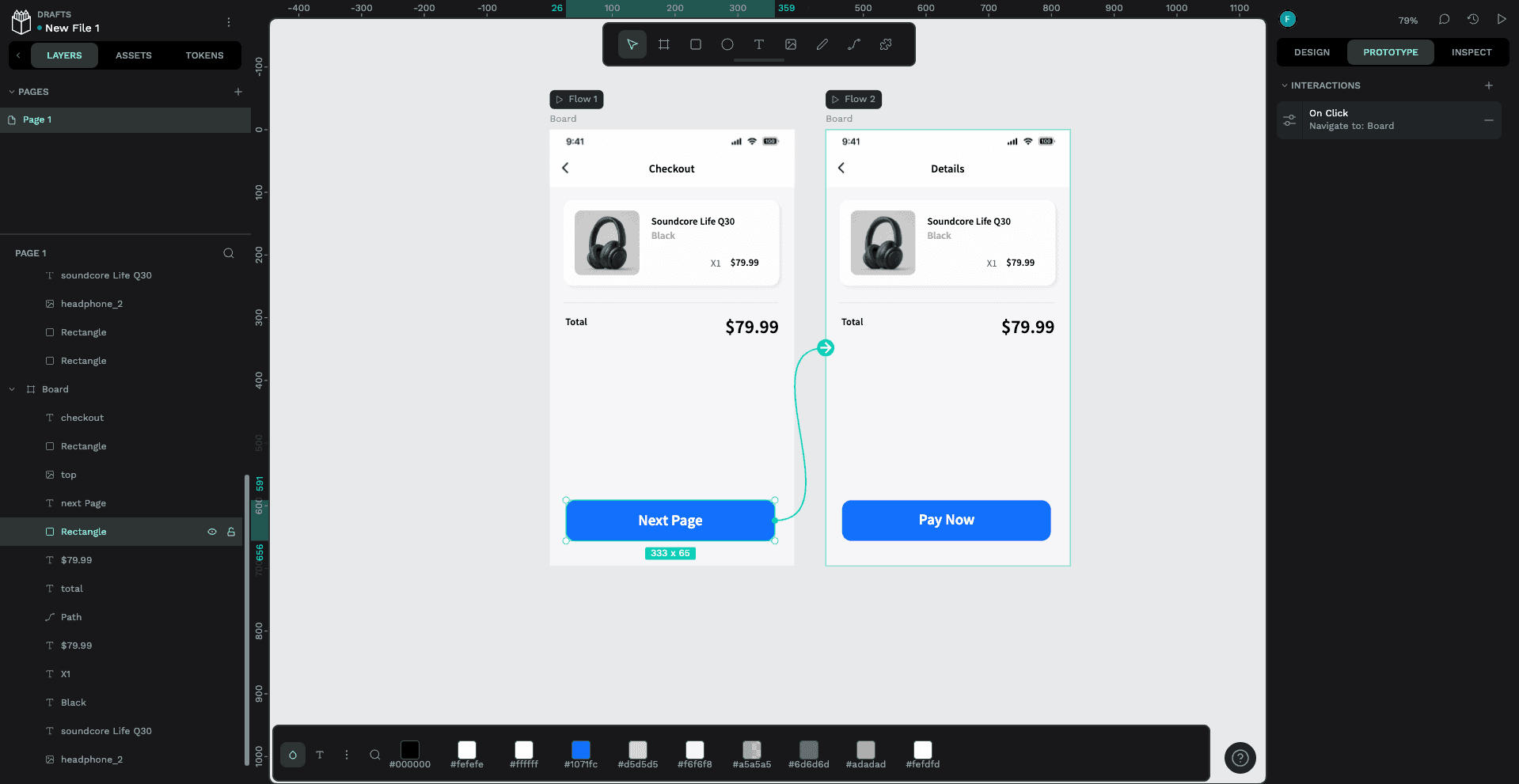 Two-screen mobile checkout workflow created in Penpot