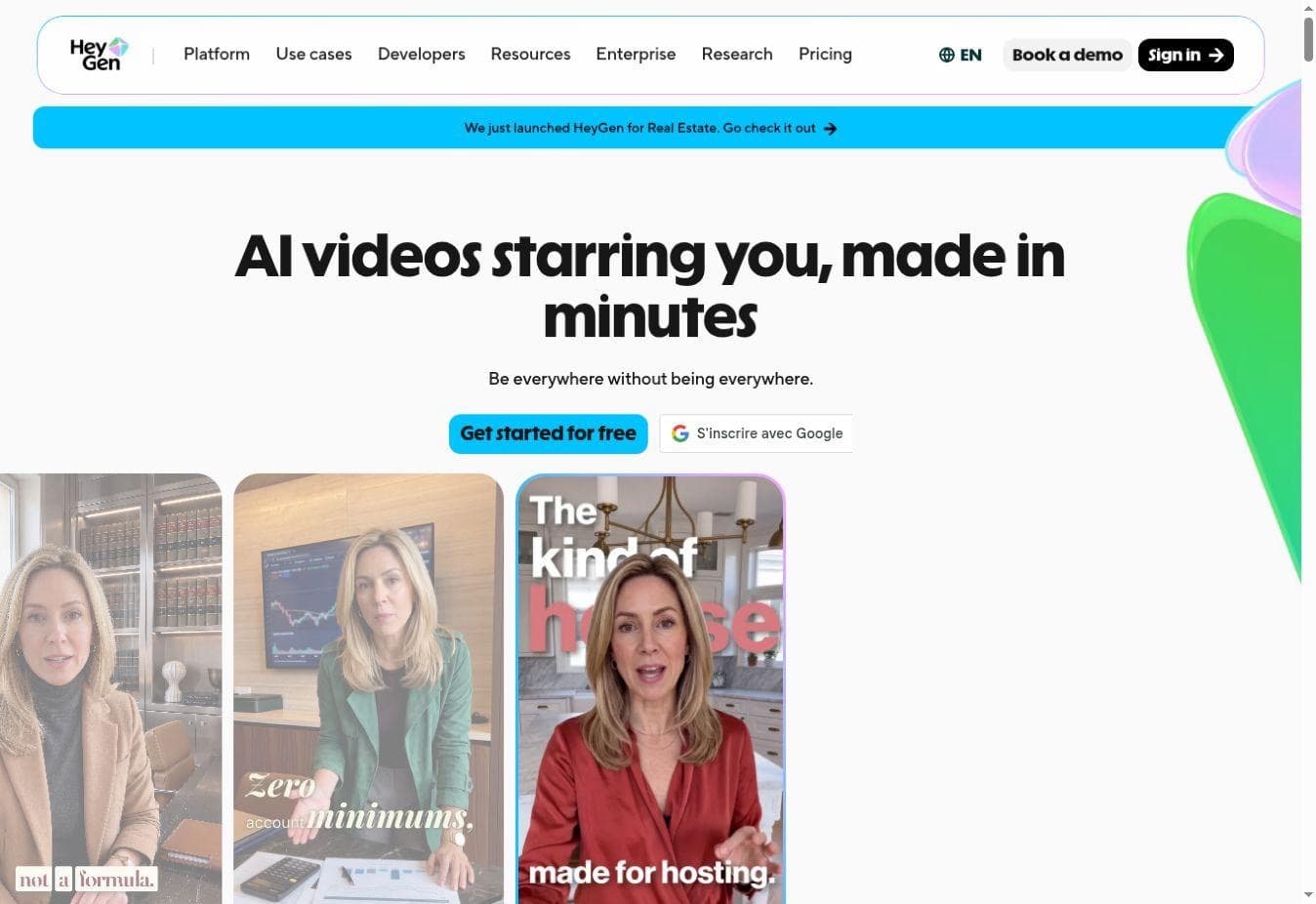 HeyGen homepage presenting AI-generated presenter videos and reusable digital avatars