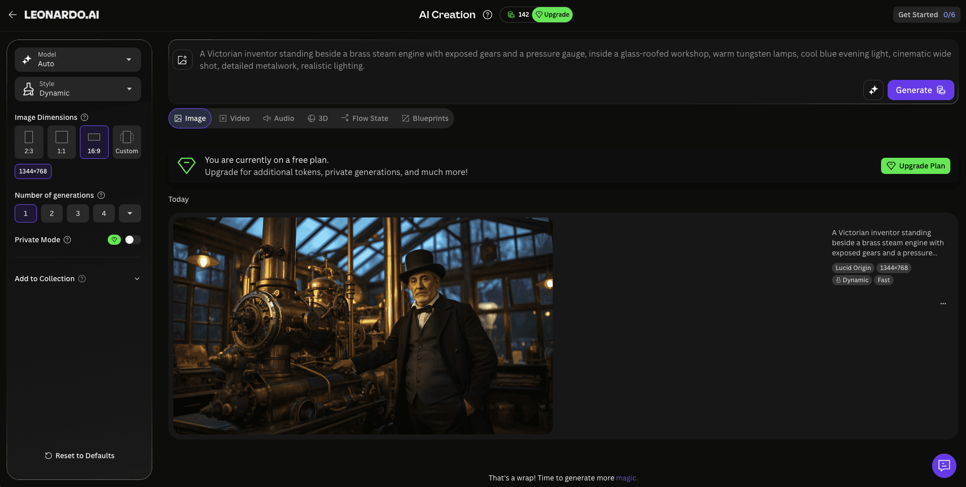 Leonardo AI browser workspace displaying the completed steampunk workshop image