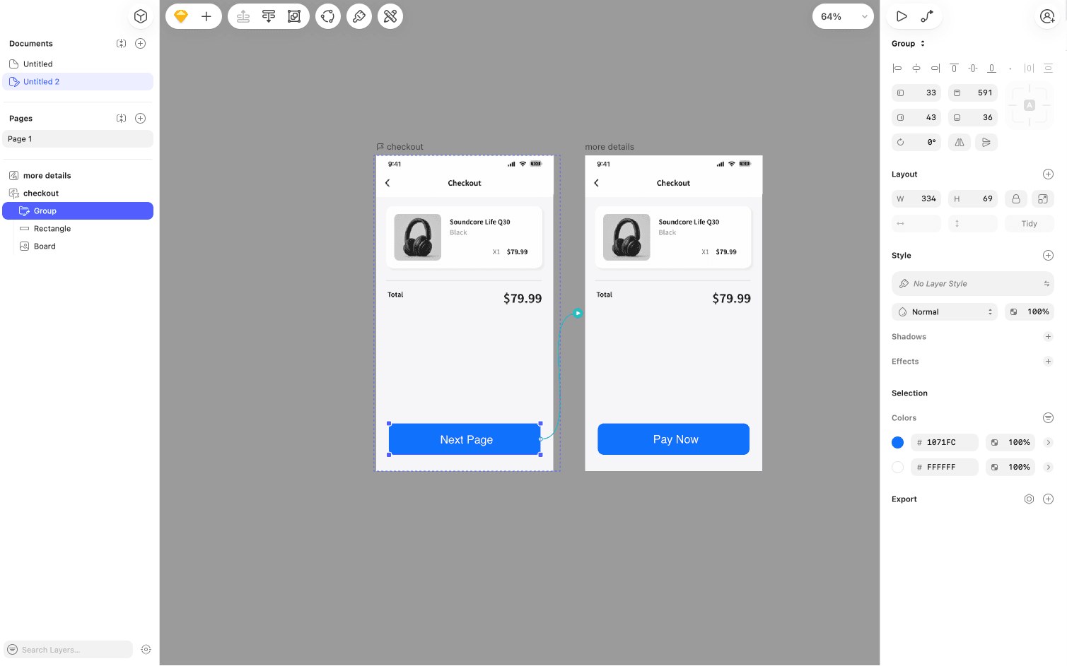 Two-screen mobile checkout workflow created in Sketch