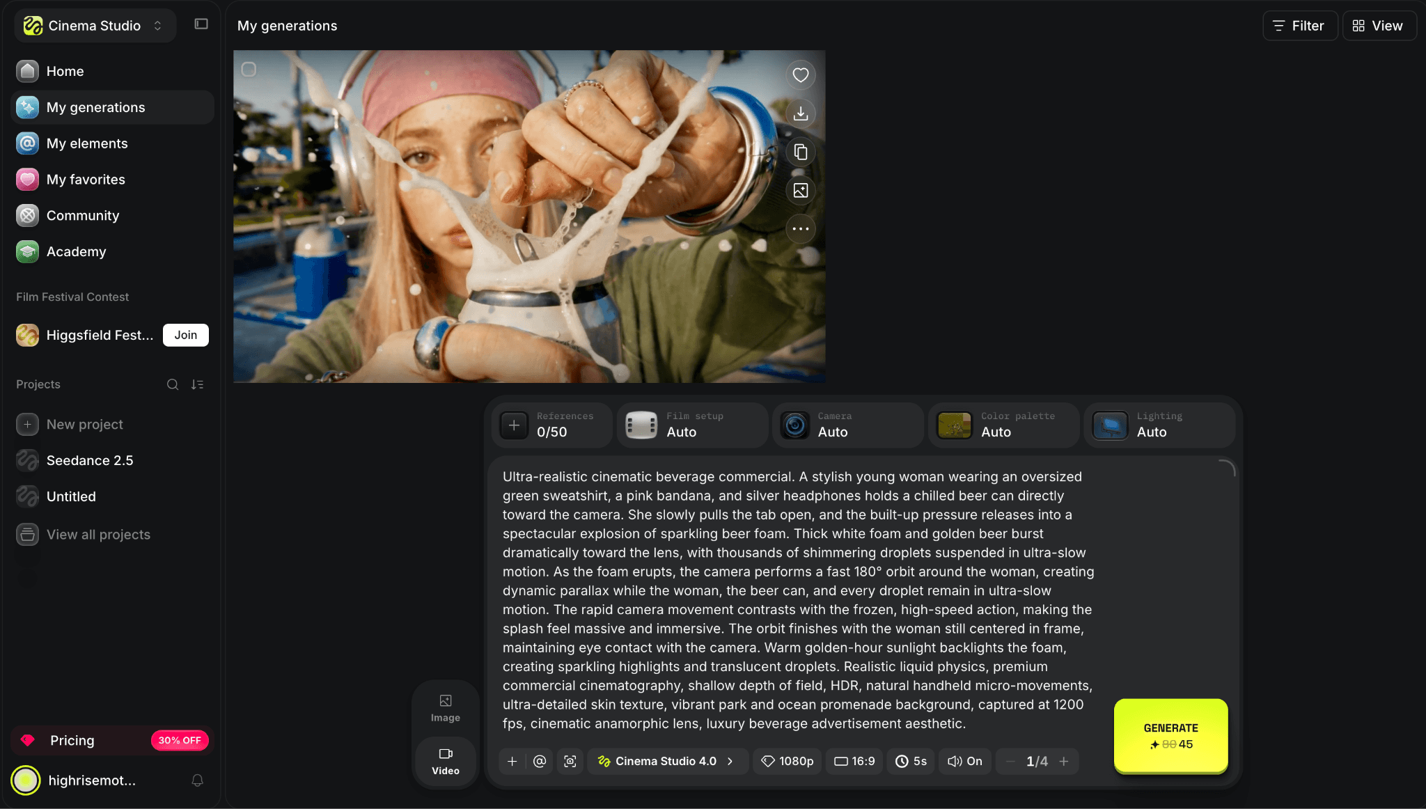 Higgsfield Cinema Studio workspace showing a generated shot and its production controls