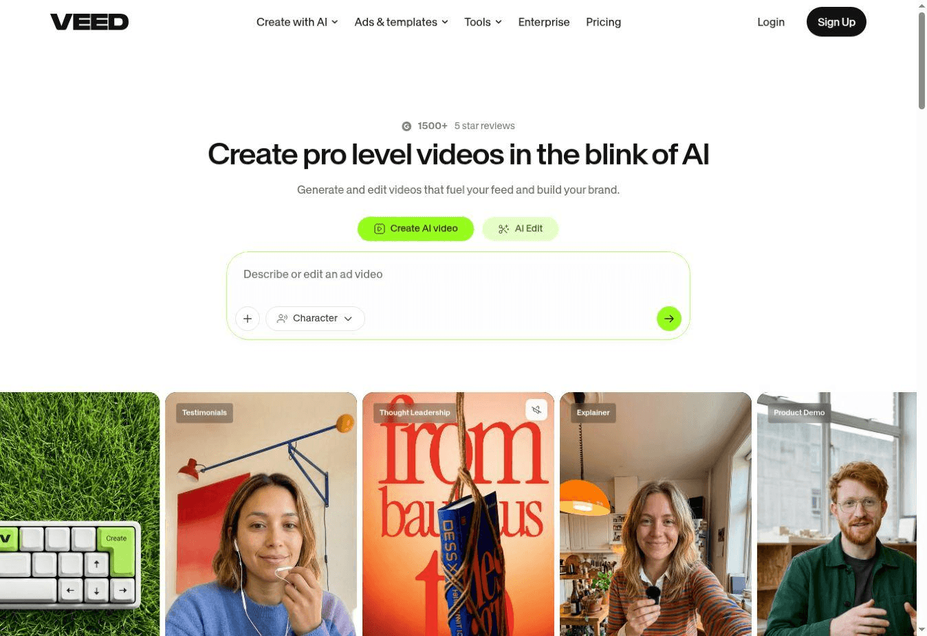VEED website presenting AI creation and browser-based editing for branded video