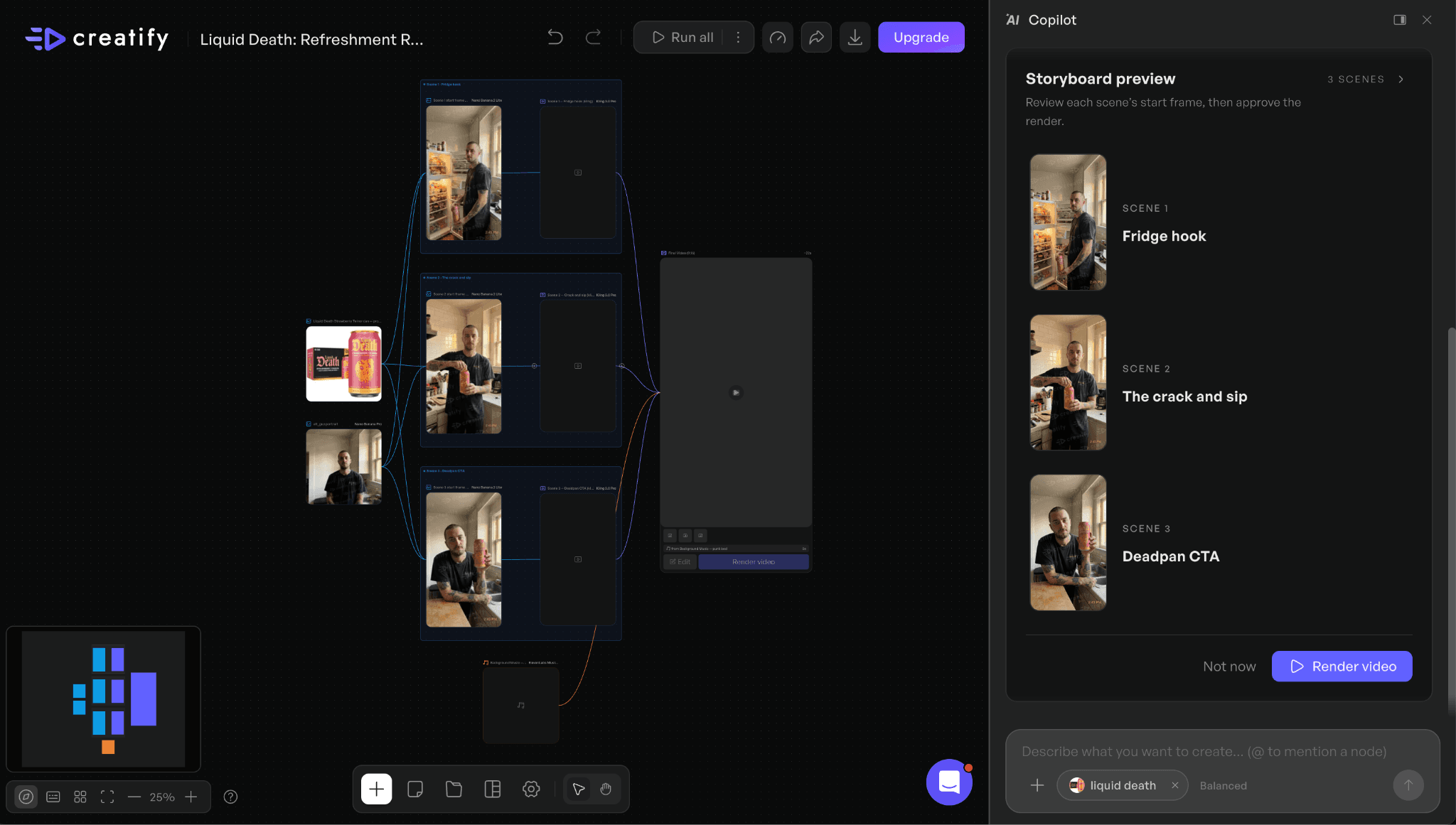 Creatify storyboard preview showing connected scenes for an AI UGC advertisement