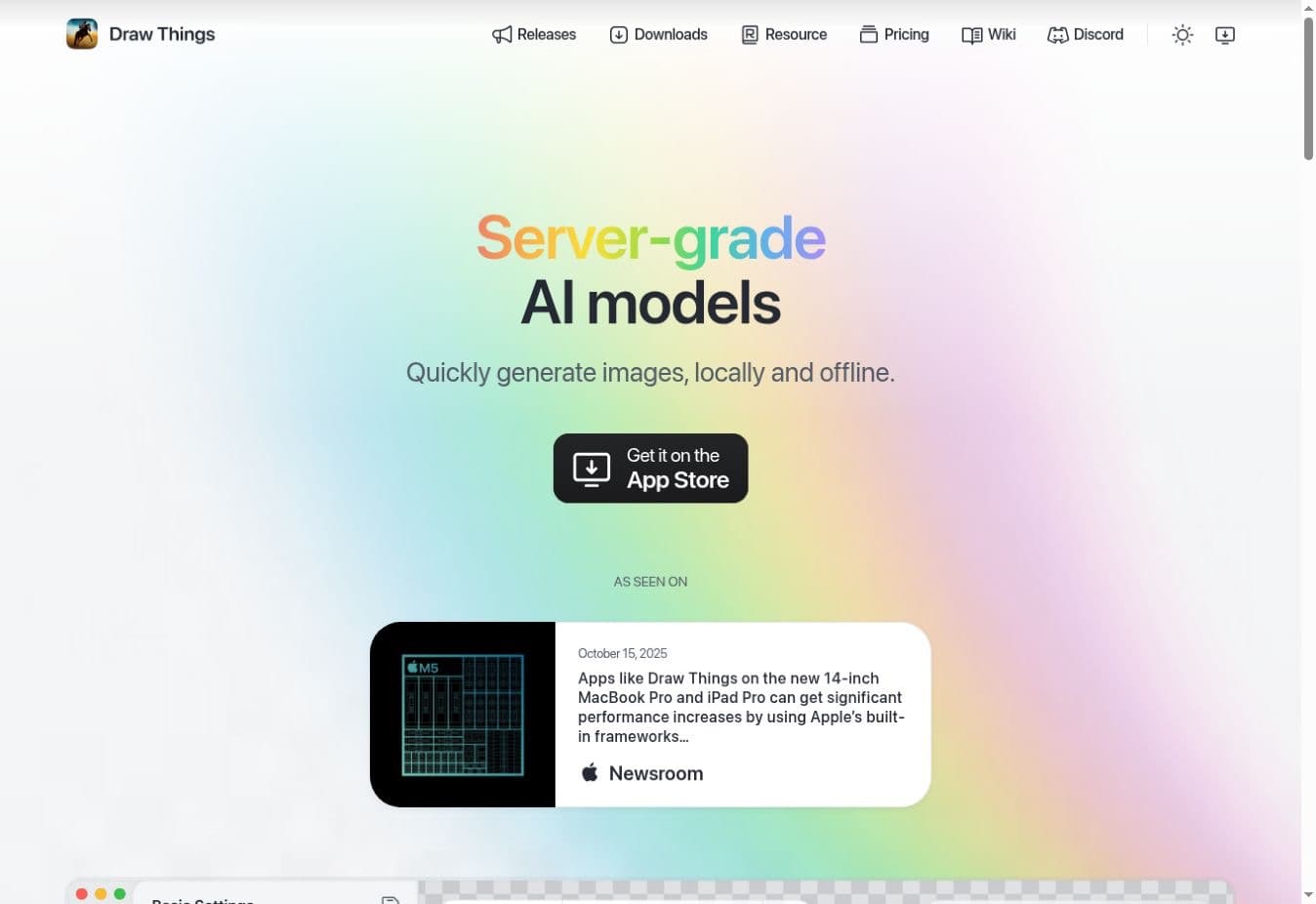 Draw Things homepage presenting local and offline AI generation on Apple devices