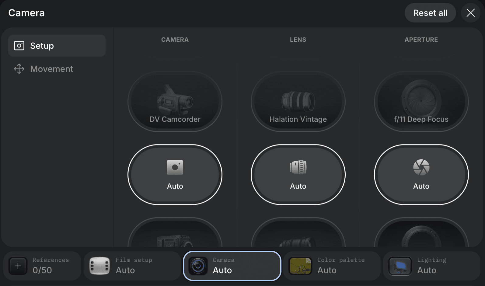 Higgsfield camera controls for camera body, lens, aperture, focus, shutter, color palette, and lighting