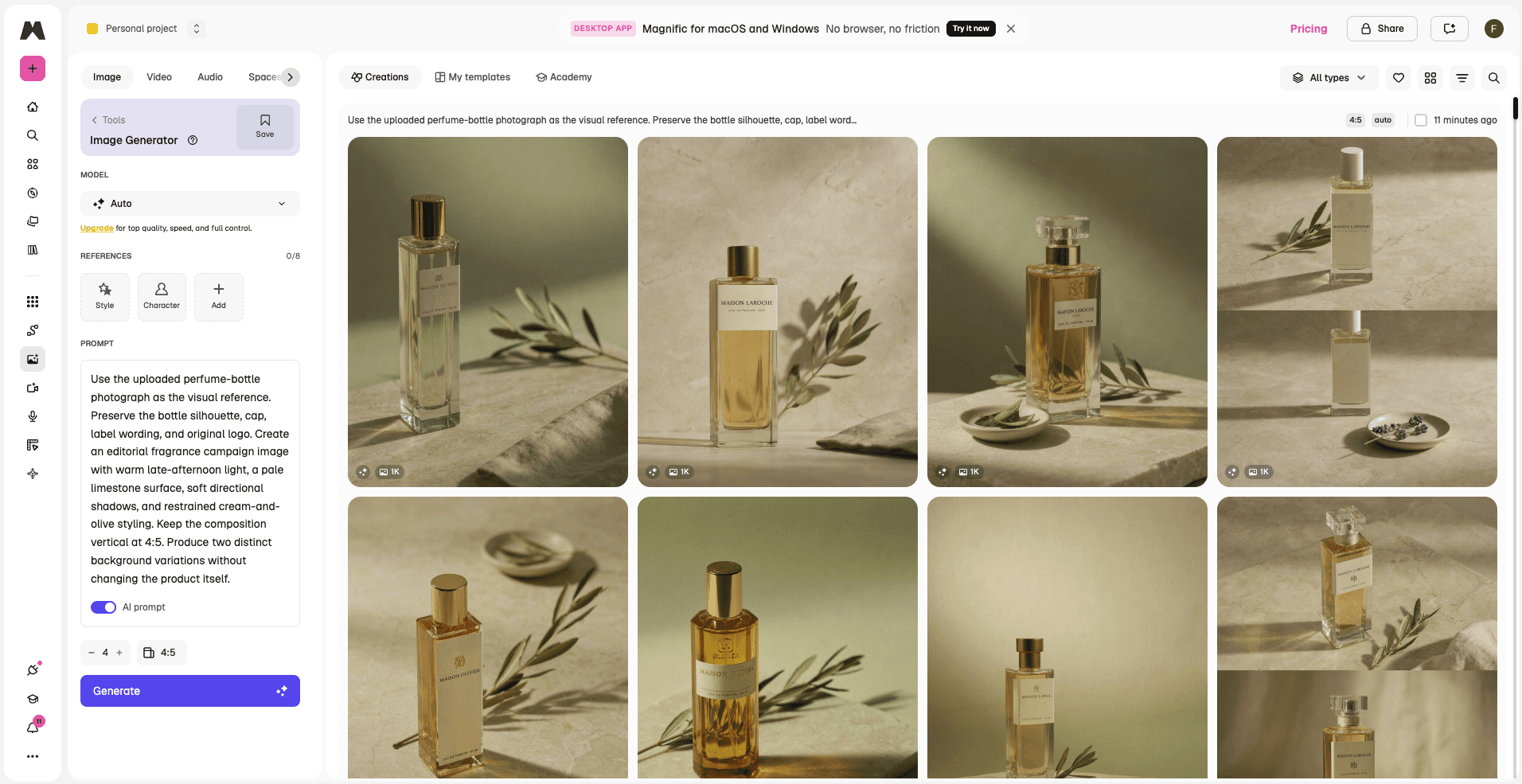 Magnific results grid showing multiple perfume campaign variations with changing product details