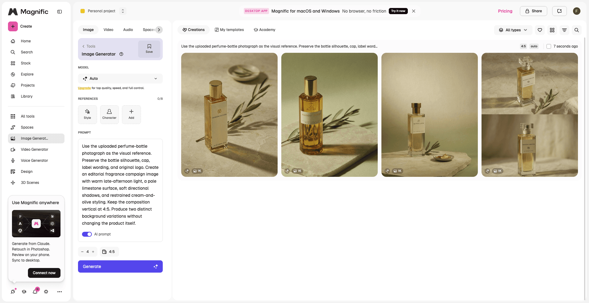Magnific image generator showing four perfume campaign variations without a reference image