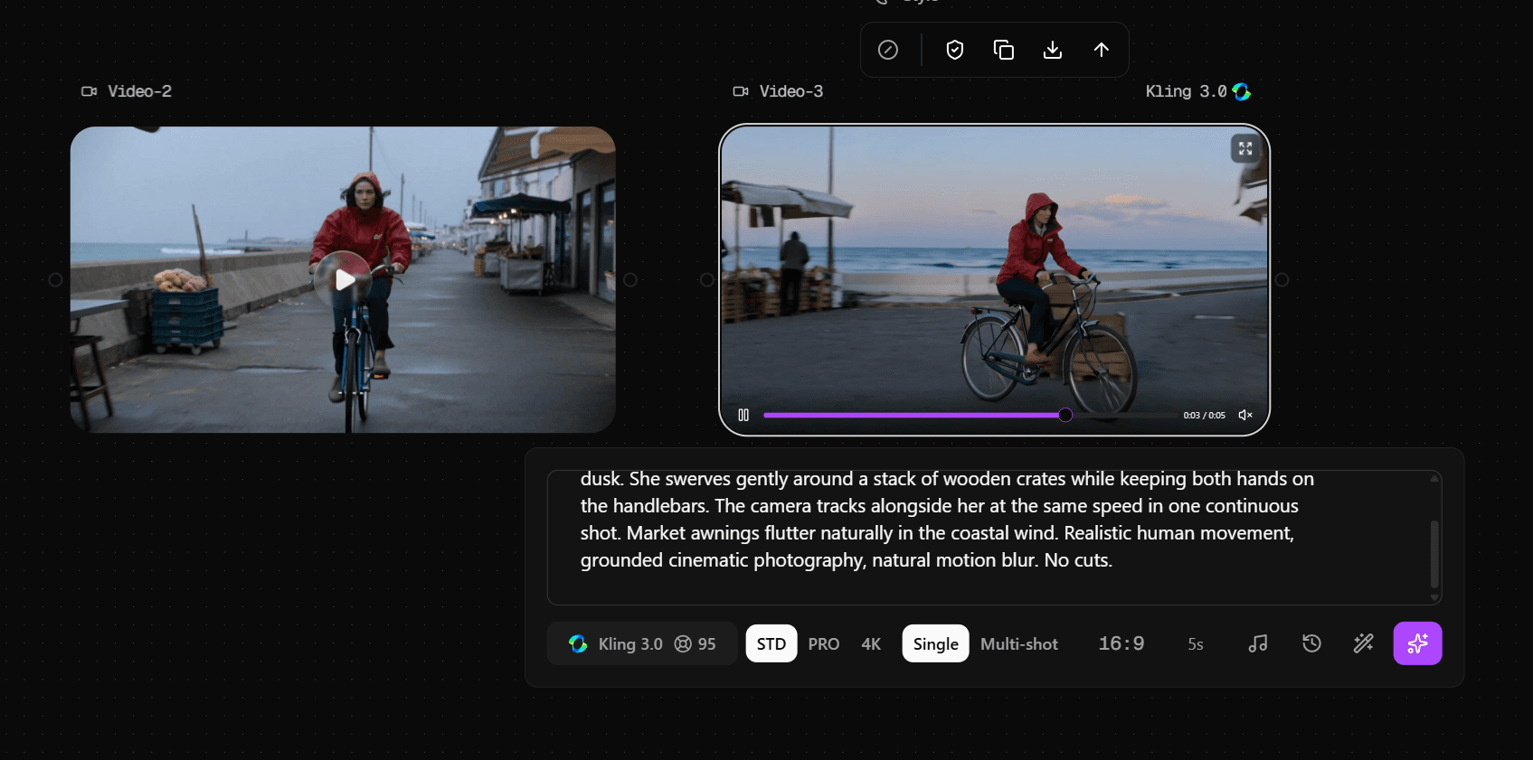 Kling 3.0 and O3 videos generated from the same bicycle courier prompt