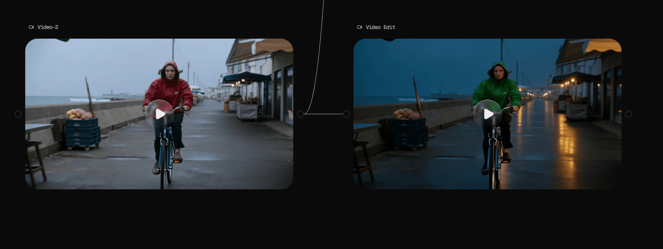 O3 Video Edit changing the bicycle courier's jacket to green and the market scene to a rainy night