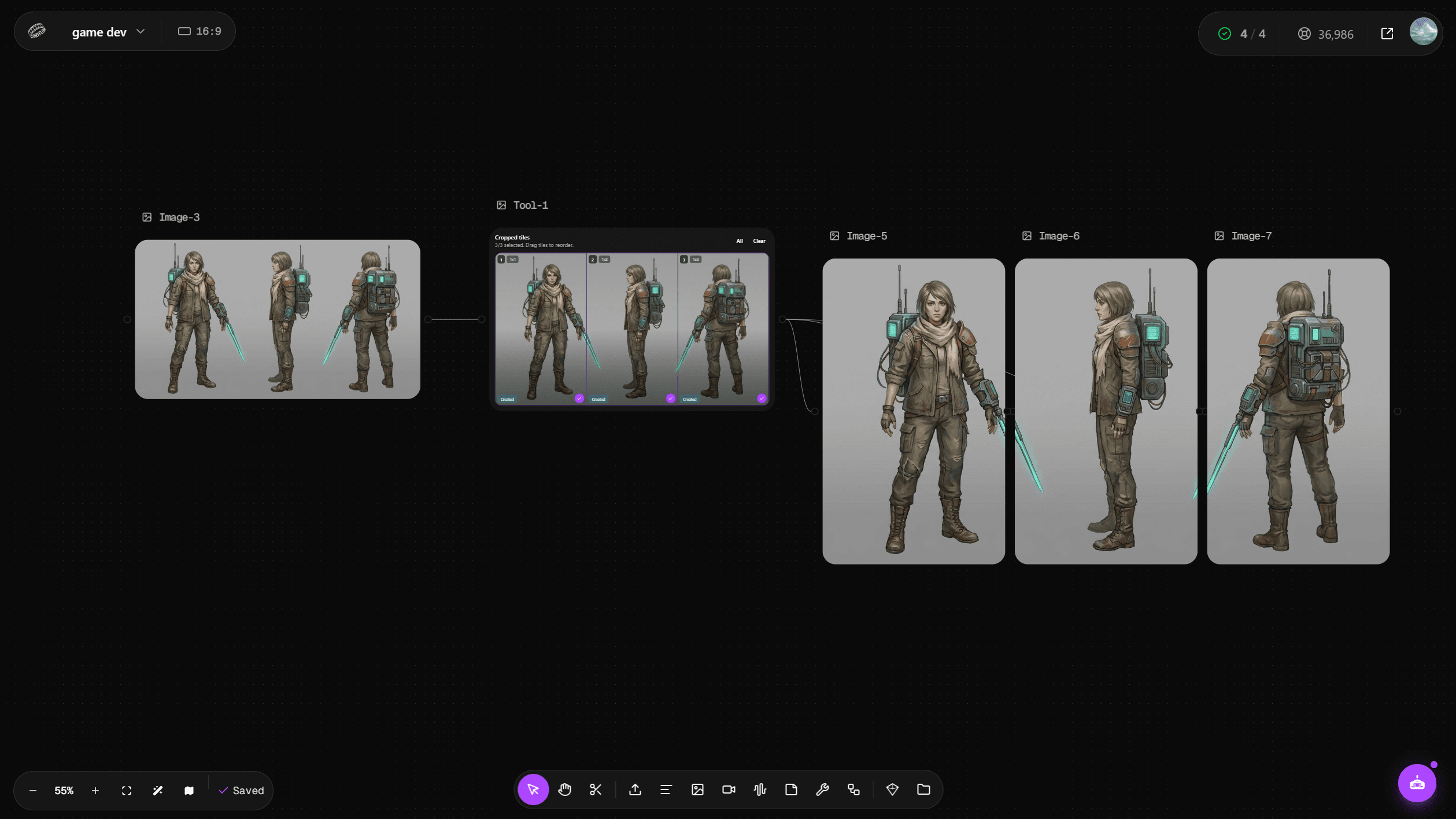 Astorie workflow cropping a character turnaround into front, profile, and back reference Elements