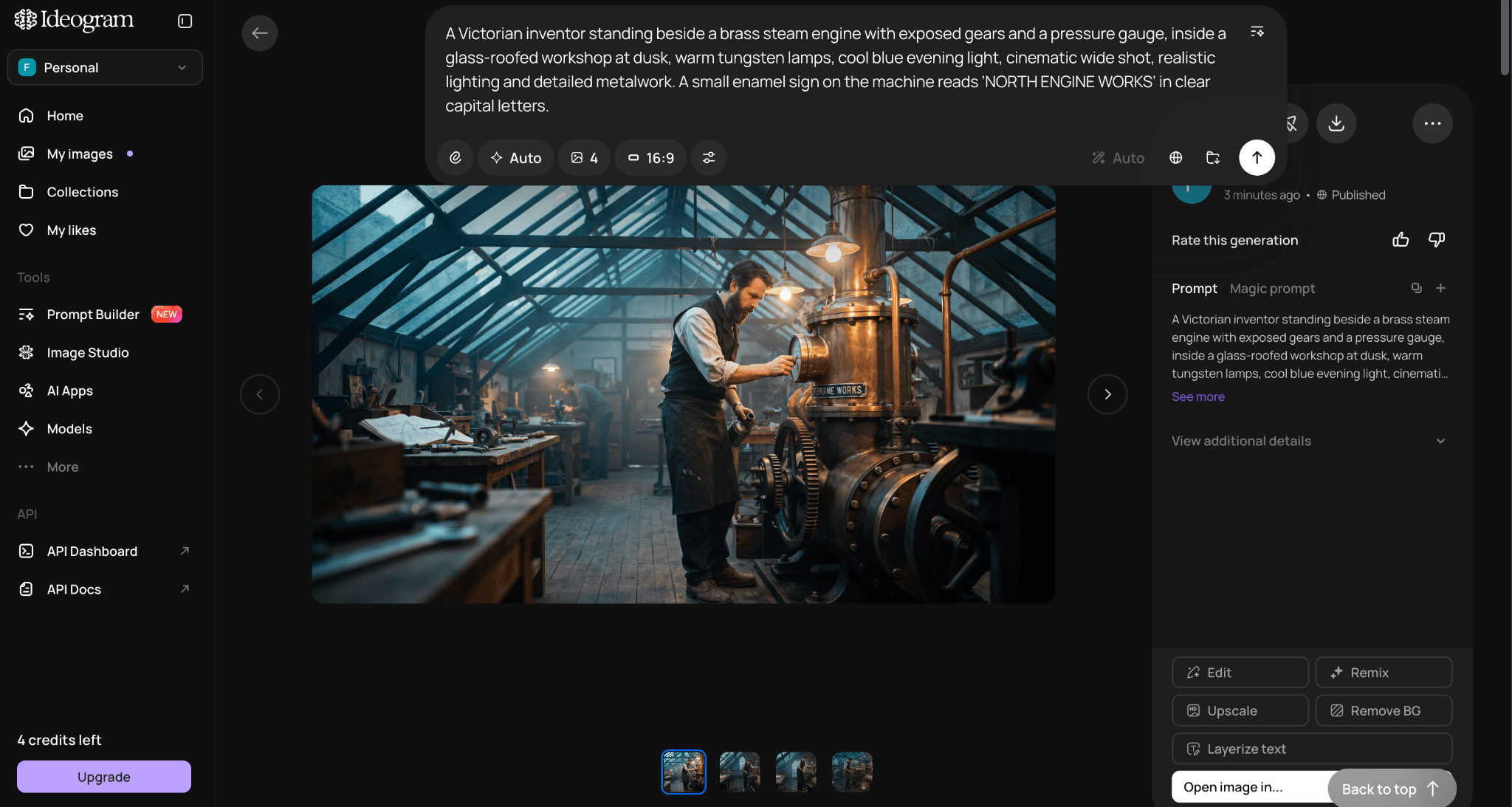Ideogram Auto mode displaying four generated steampunk workshop variations