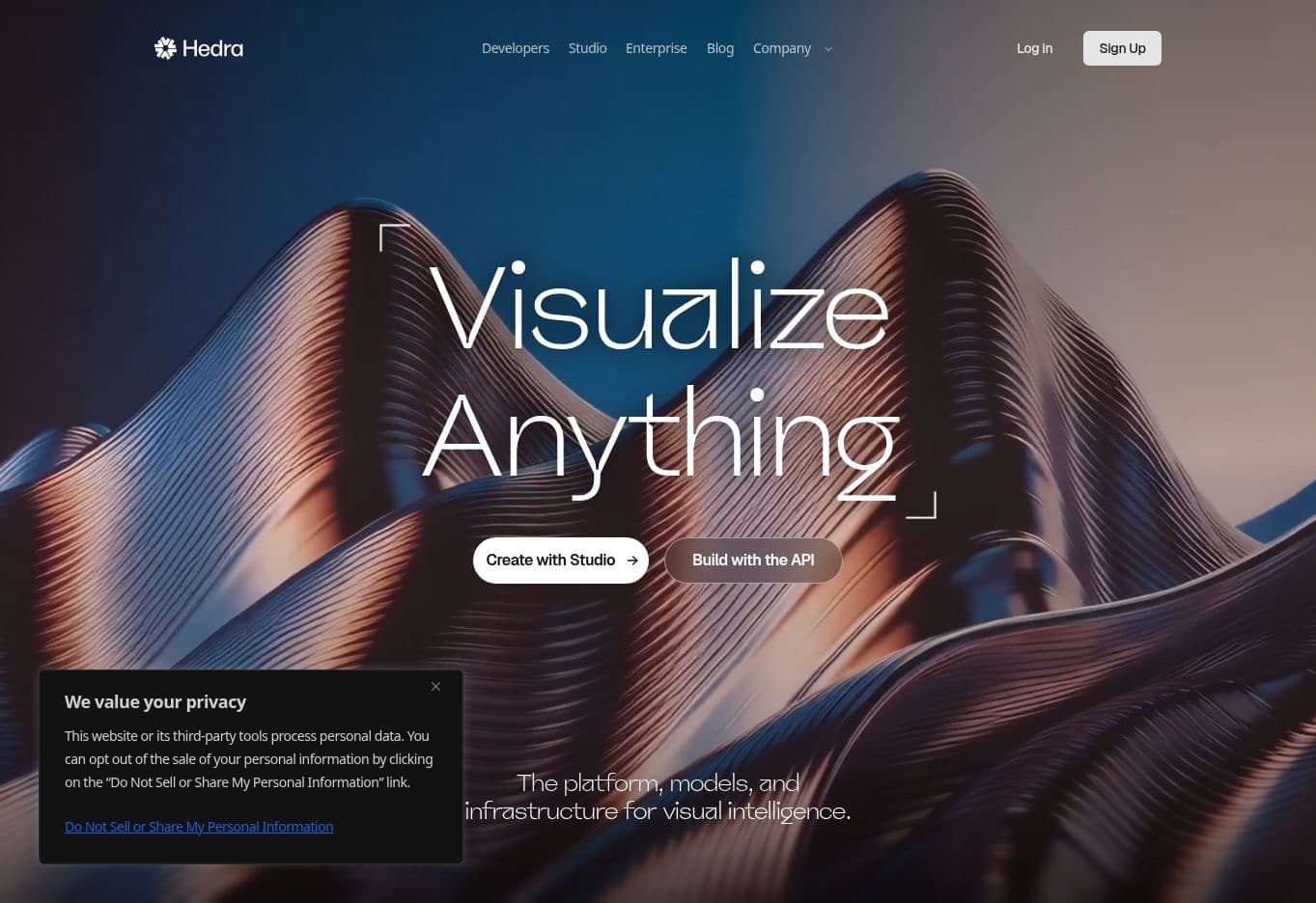 Hedra homepage presenting its broader visual-creation and avatar platform