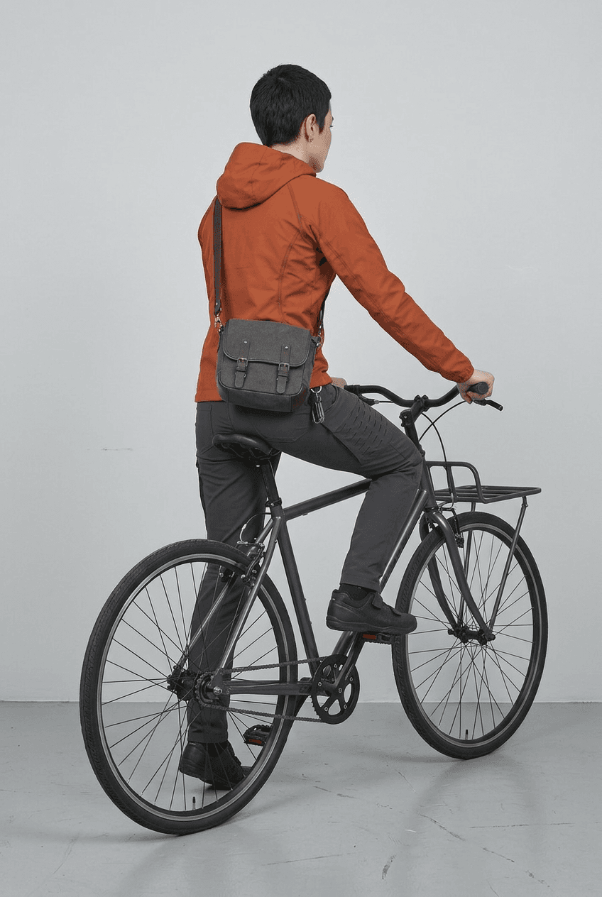 Mara mounting a bicycle using a cropped back-view character reference