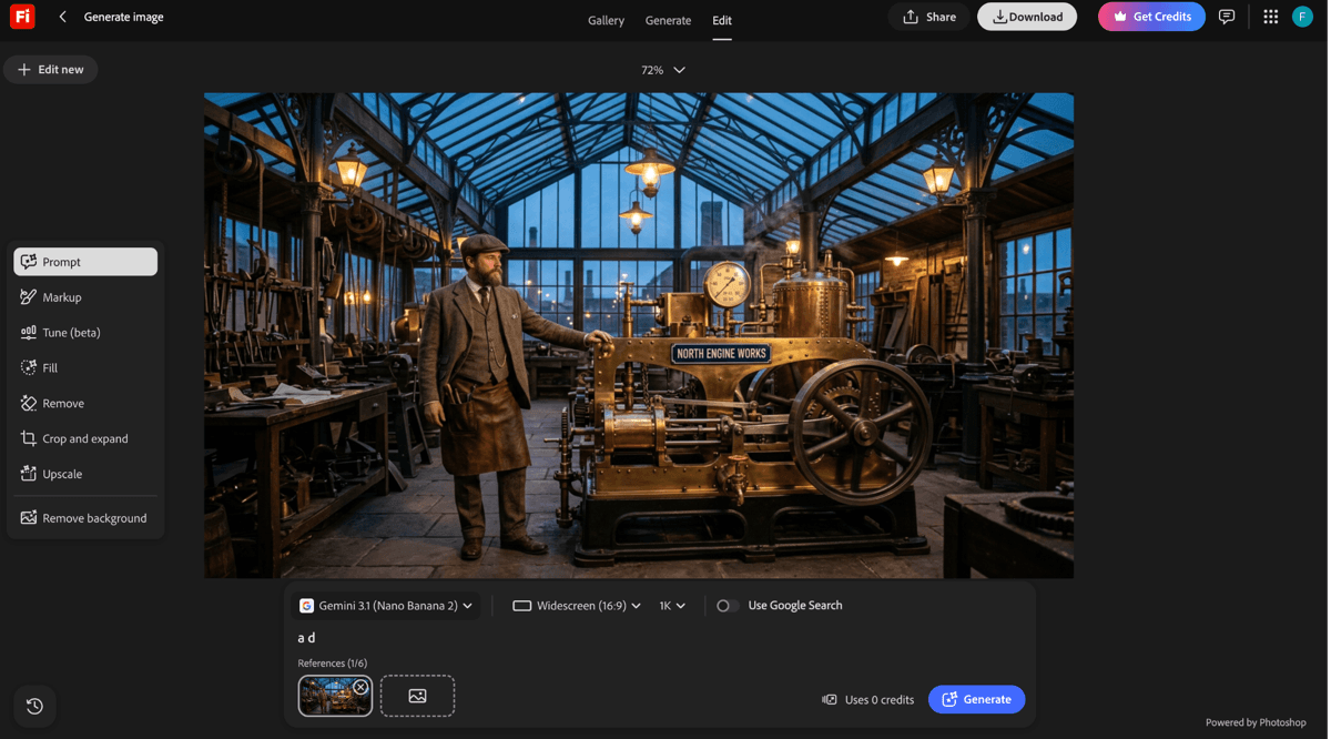 Adobe Firefly editing interface in Photoshop showing the same generated scene with an added North Engine Works sign