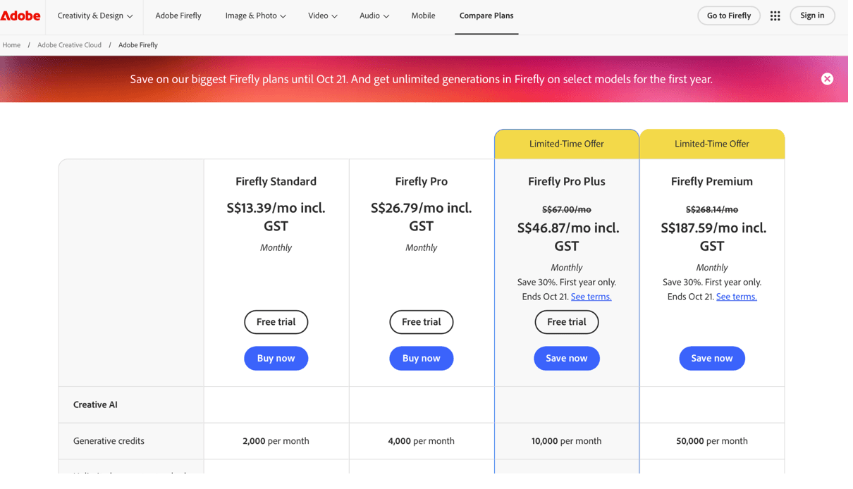 Adobe Firefly pricing plans: Standard, Pro, Pro Plus, and Premium