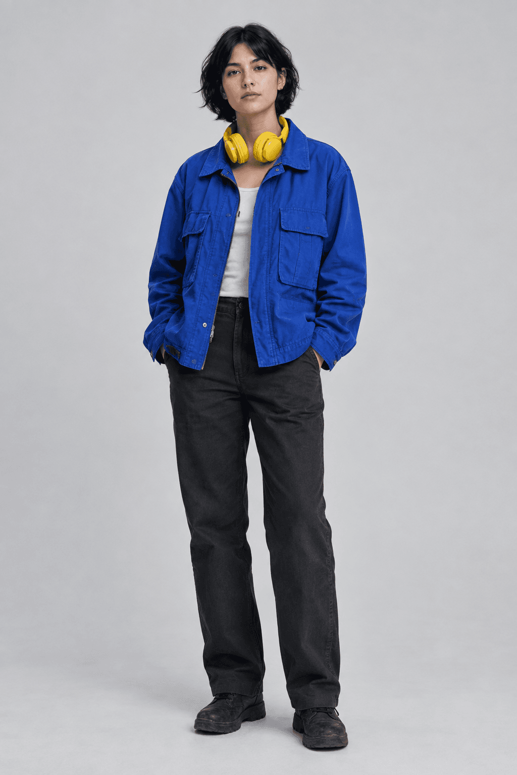Nora character reference with short black hair, yellow headphones, and a blue utility jacket
