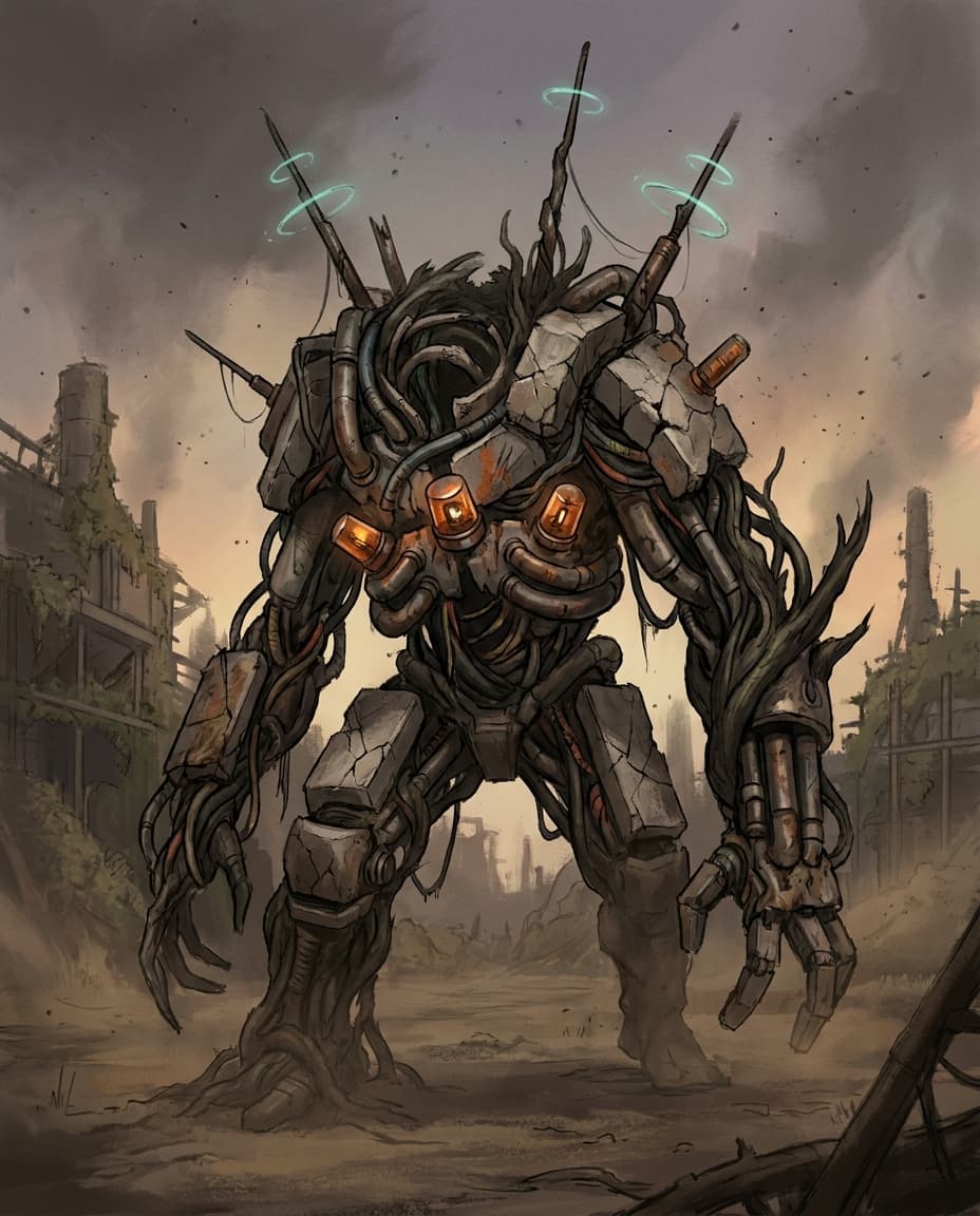 Ashfall Relay boss concept combining corrupted machinery and post-apocalyptic industrial design
