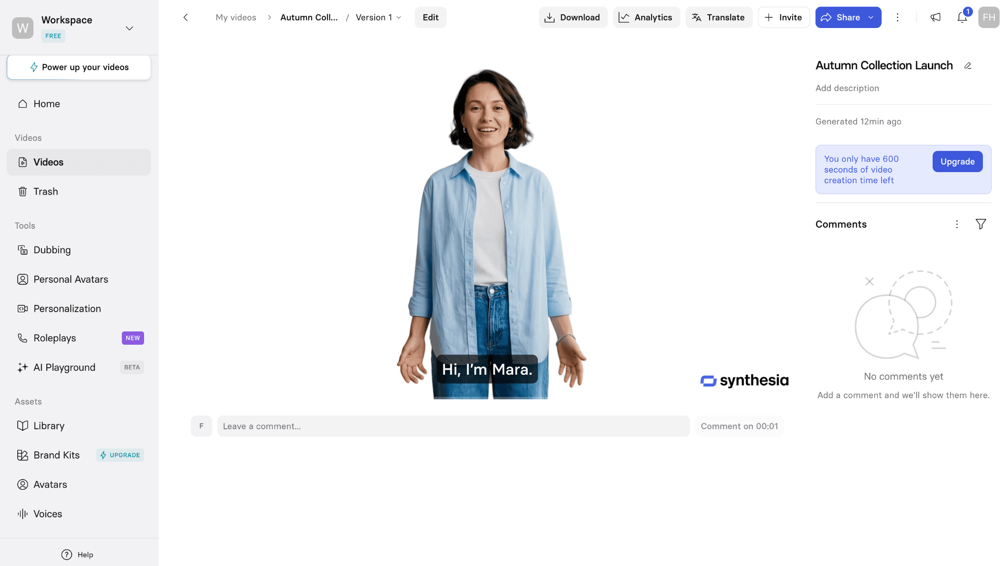 Synthesia workspace showing an AI avatar, script, comments, and slide-based scene controls