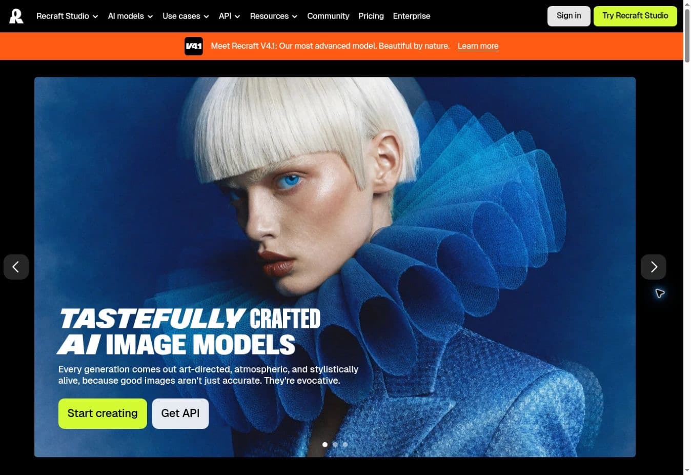 Recraft homepage presenting AI image models and design-oriented creative work