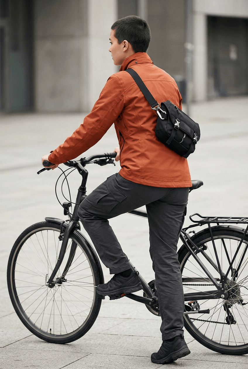Mara mounting a bicycle using the full three-view character sheet as reference