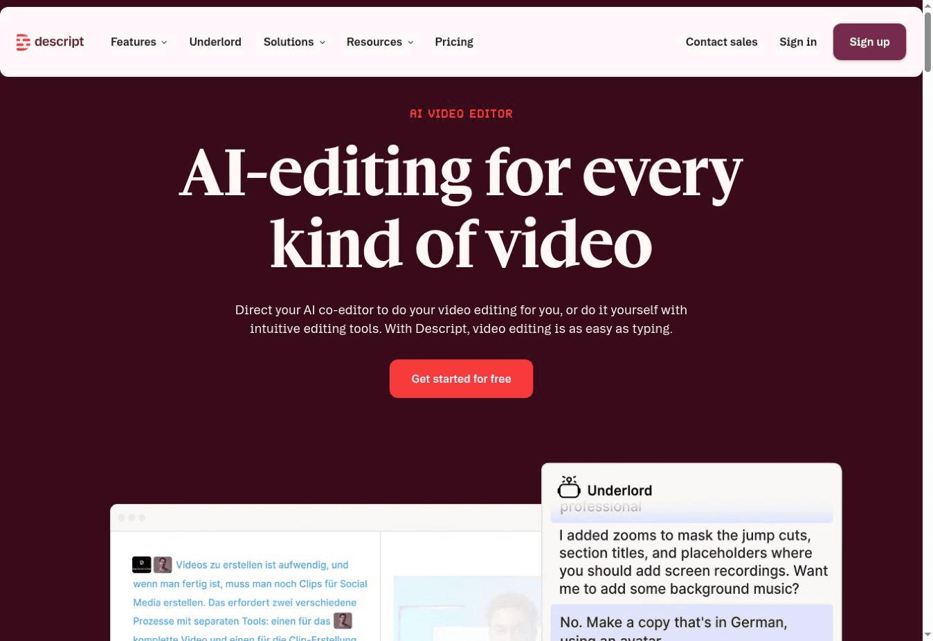 Descript website presenting text-based video editing and its AI co-editor
