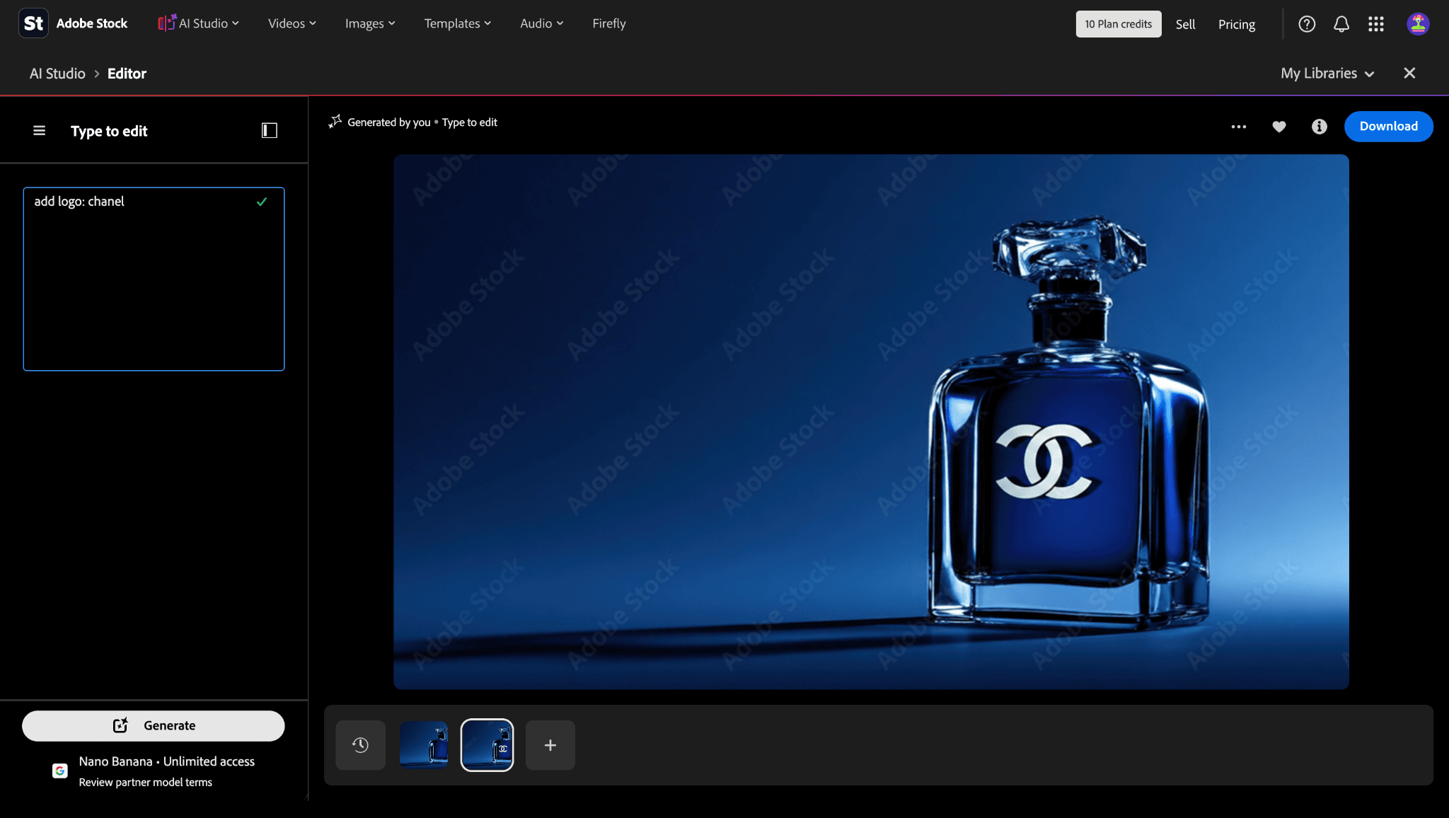 Adobe Stock AI Studio showing an edited perfume bottle asset and the account credit state