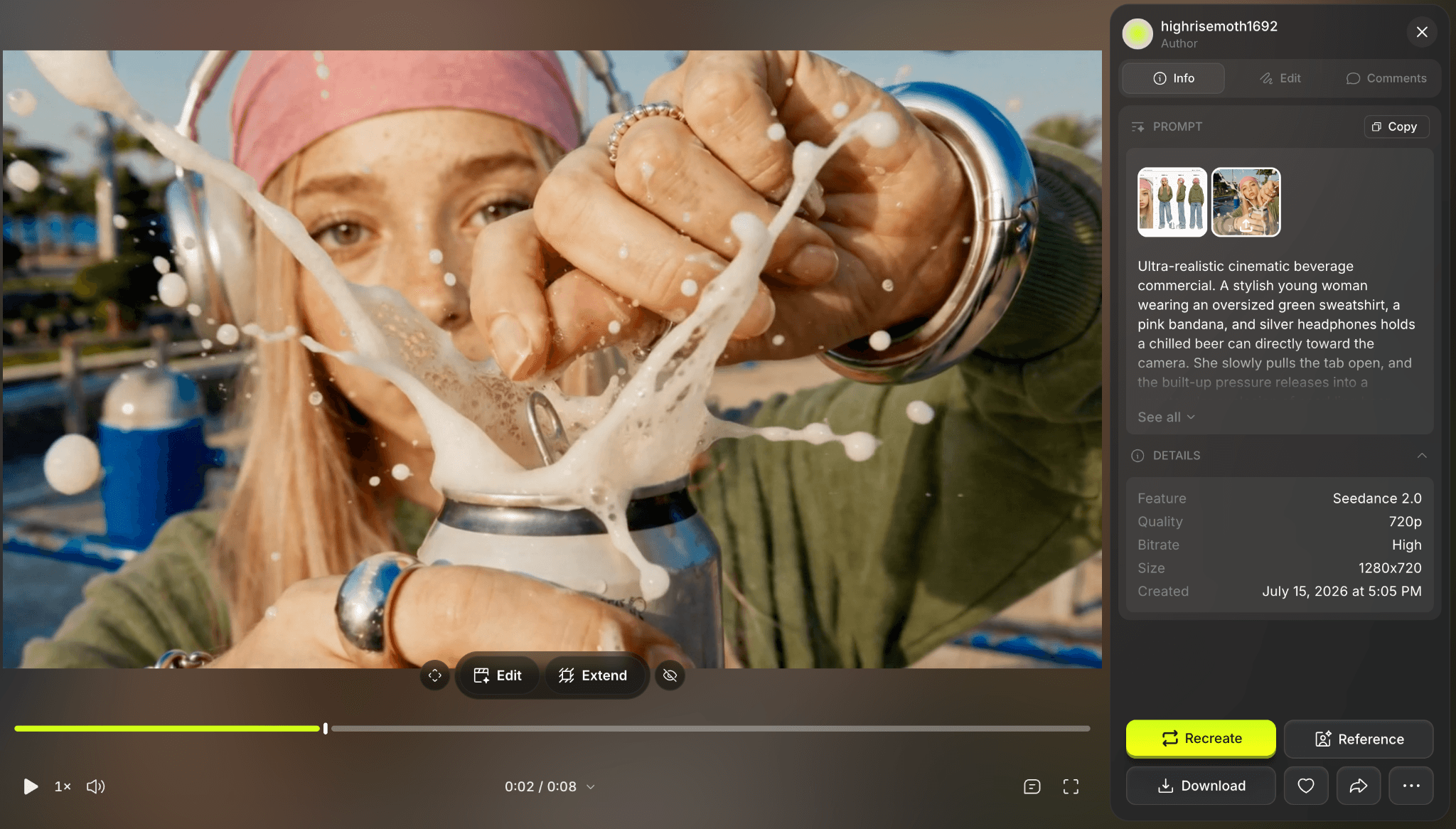 Higgsfield Cinema Studio generated video with prompt and generation settings visible