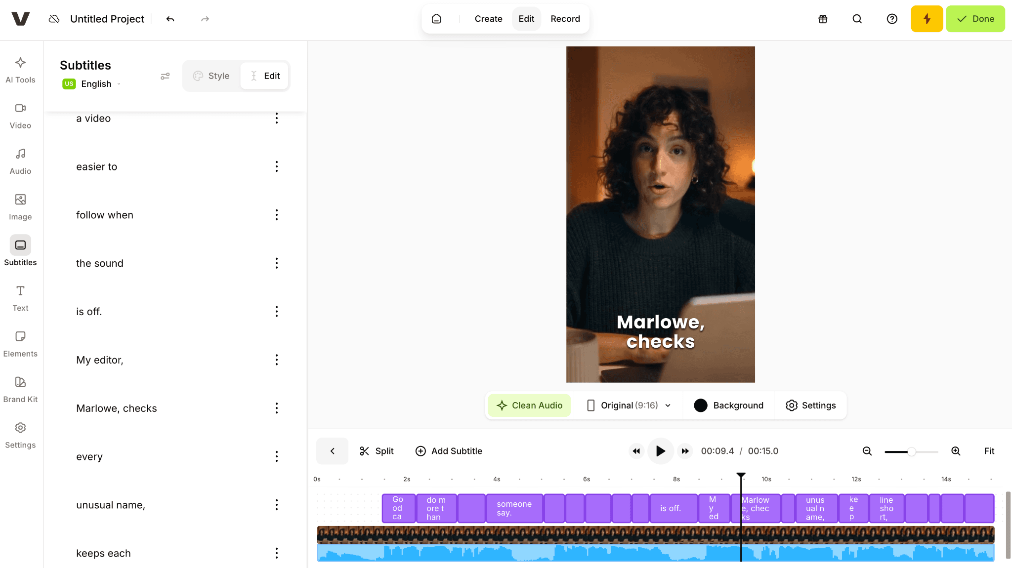 VEED browser editor showing subtitle blocks, a video preview, and the editing timeline