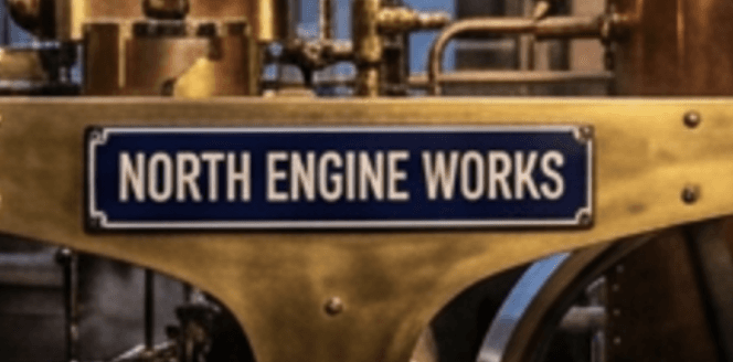 Close-up of the NORTH ENGINE WORKS sign generated correctly in Adobe Firefly