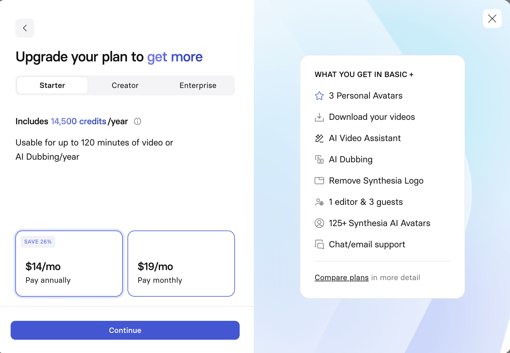 Synthesia upgrade screen shown when attempting to download the finished video