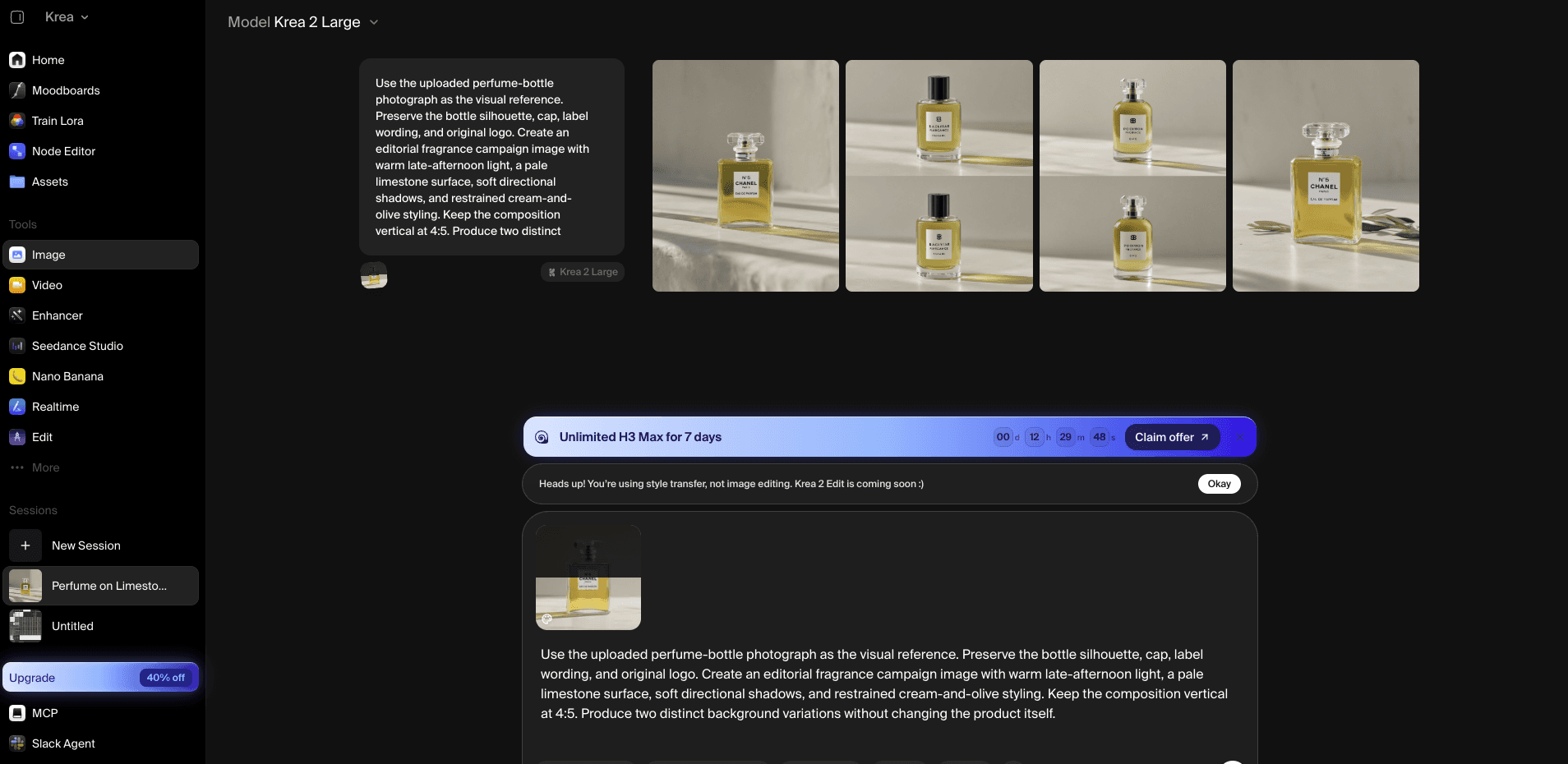 Krea workspace showing a perfume reference image, prompt, and four generated variations