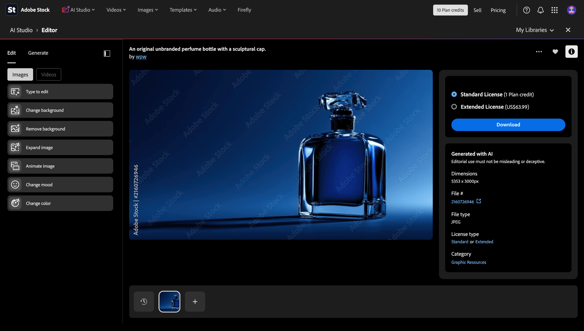 Adobe Stock search results showing several perfume bottle assets in the supplied account