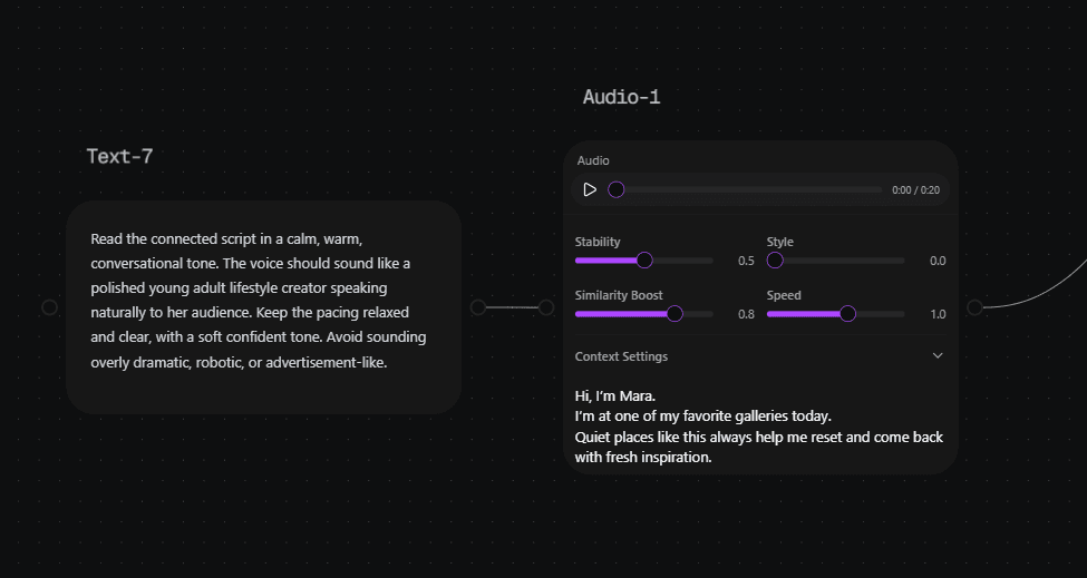 Talking script connected to ElevenLabs TTS Eleven v3 for Mara Vale's voiceover