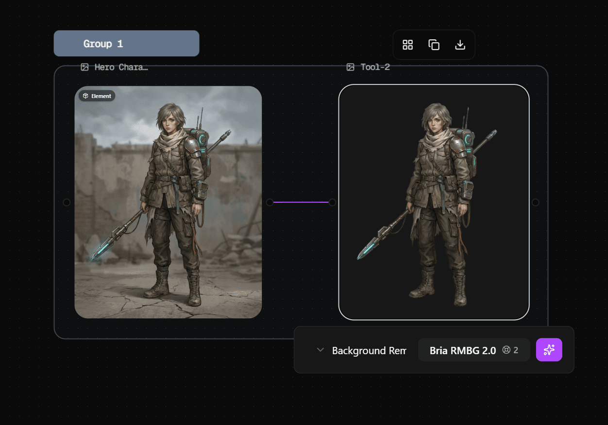 Astorie workflow connecting an approved character through Background Removal into a new image node