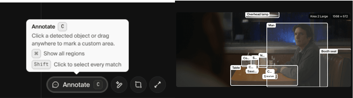 Krea Annotate feature highlighting detected regions for localized image edits