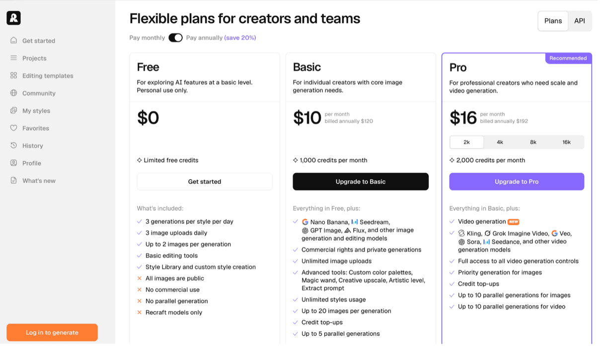 Recraft pricing plans: Free, Basic, and Pro