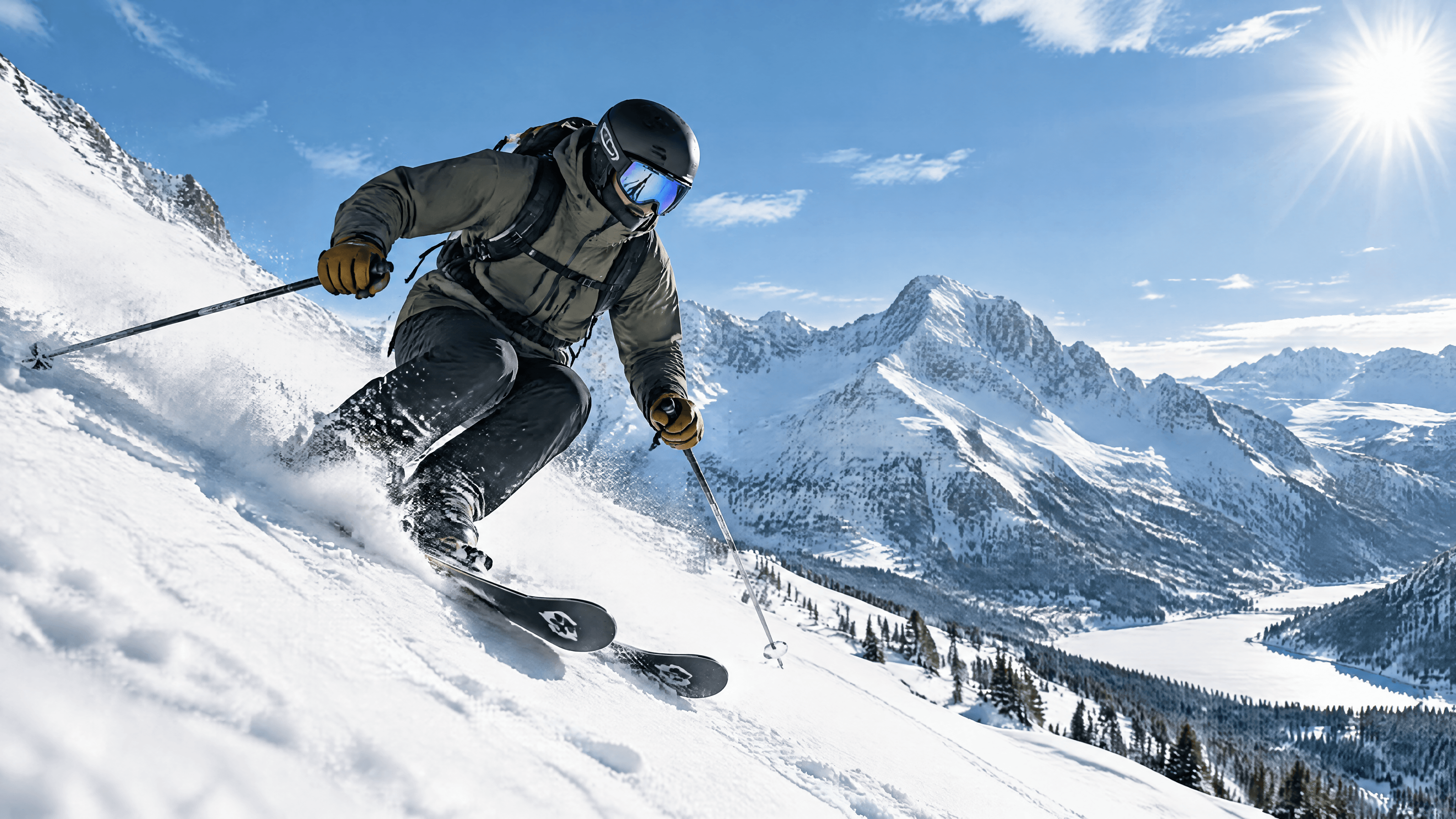 Skier carving downhill on a snowy mountain