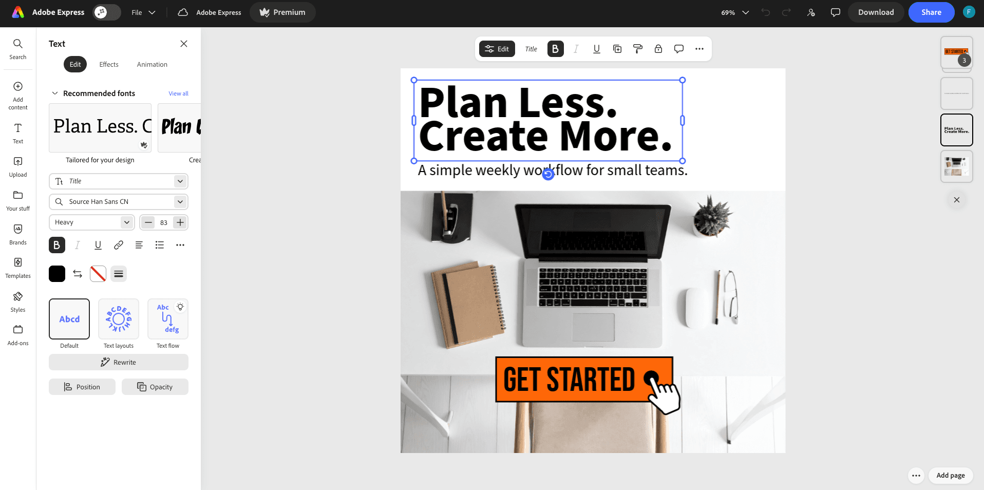 Adobe Express editor displaying a square social media post and its visible layer stack